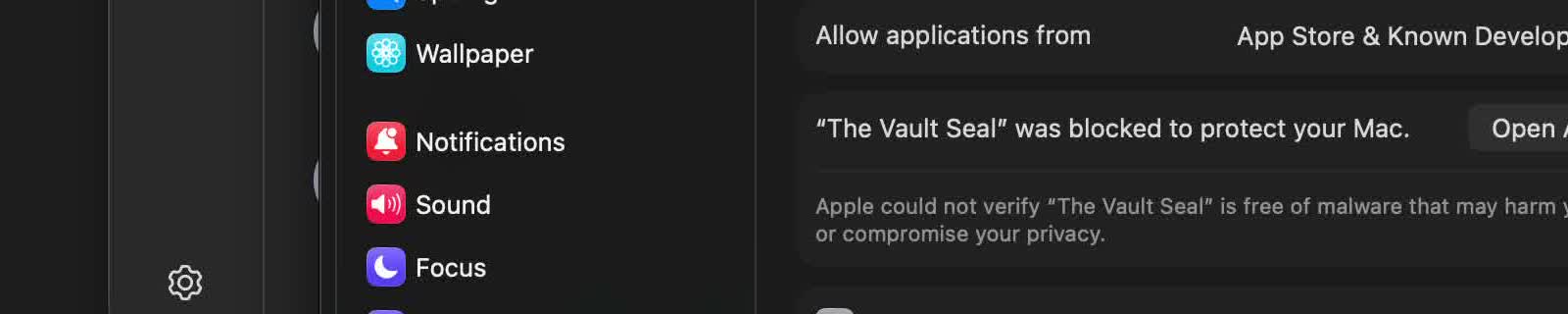 Privacy and Security, Security section, The Vault Seal was blocked, Open Anyway button